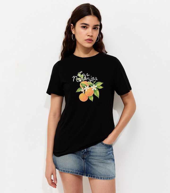 Black Cotton Orange Print Relaxed Fit T-Shirt
