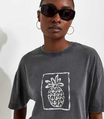 Dark Grey Cotton Pineapple Acid Wash Oversized T-Shirt