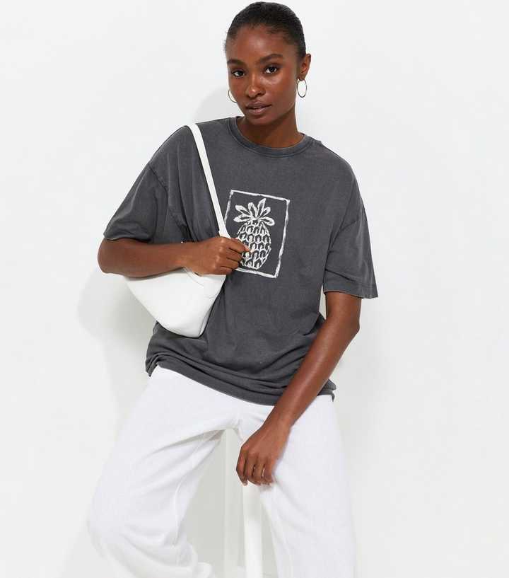 Dark Grey Cotton Pineapple Acid Wash Oversized T-Shirt