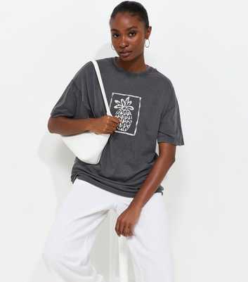 Dark Grey Cotton Pineapple Acid Wash Oversized T-Shirt