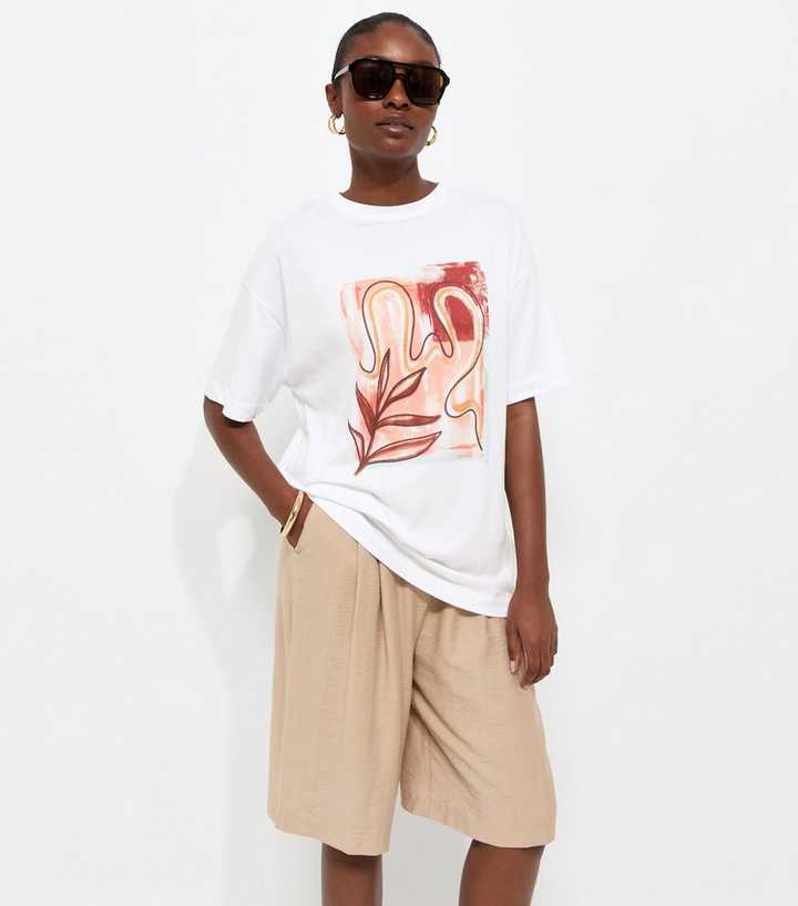 White Cotton Abstract Print Oversized T-Shirt
