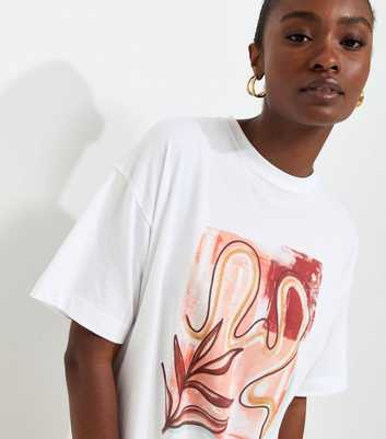 White Cotton Abstract Print Oversized T-Shirt