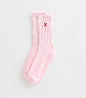 Light Pink Cotton Rich Bow Embroidered Ribbed Ankle Socks