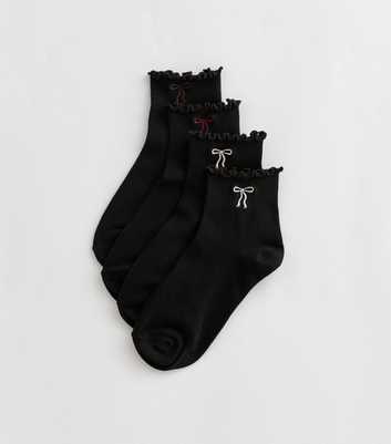 Pack of 4 Black Cotton Rich Bow Embroidered Frill Trim Ankle Socks