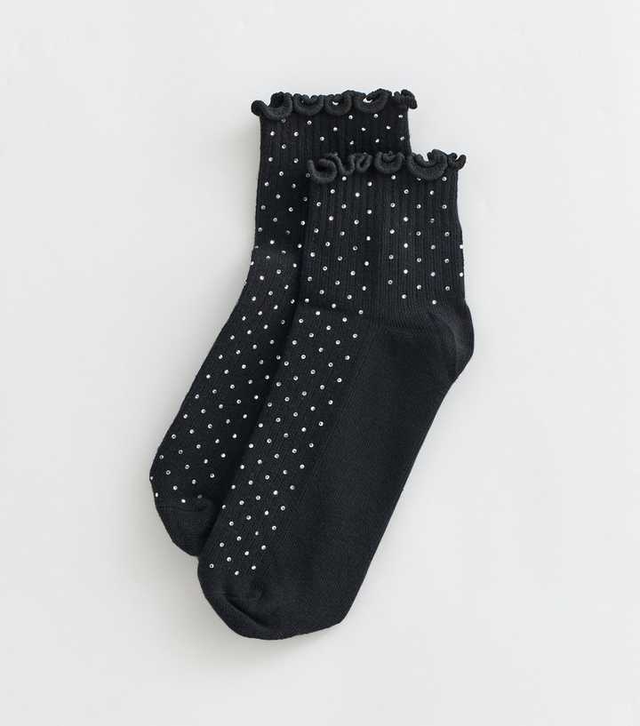 Black Cotton Rich Gem Embellished Ribbed Frill Trim Ankle Socks