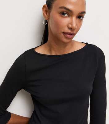 Black Cotton Rich Cropped Sleeve Slash Neck Top