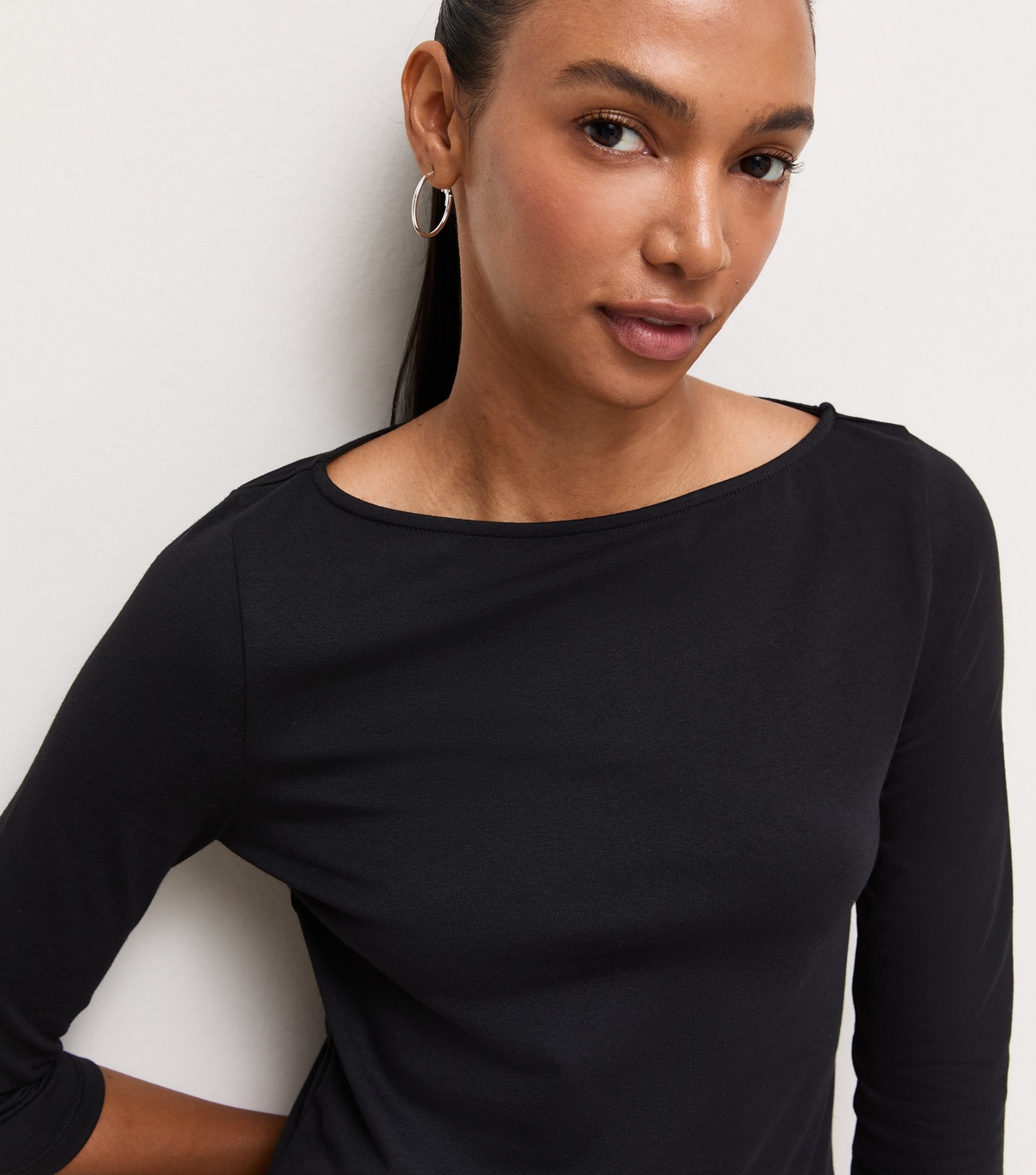 Women's Black Cotton Rich Cropped Sleeve Slash Neck Top New Look