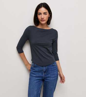 Navy Cotton Rich Cropped Sleeve Slash Neck Top