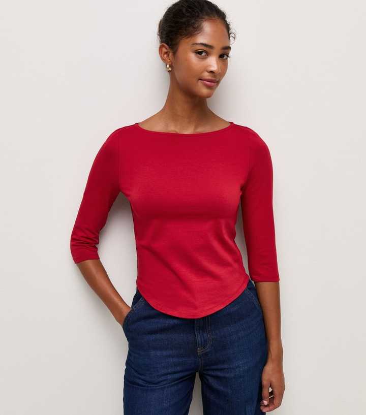 Bright Red Cotton Rich Cropped Sleeve Slash Neck Top