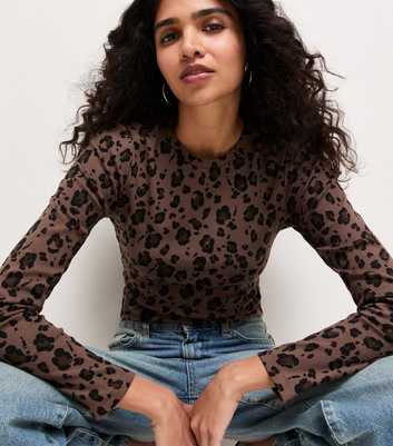 Brown Cotton Rich Leopard Print Long Sleeve Baby Tee