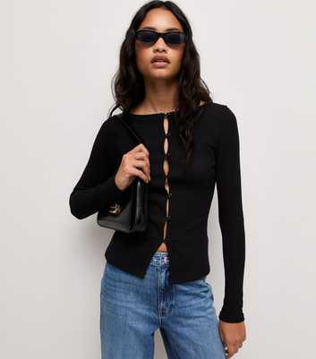 Black Cotton Rich Button Through Long Sleeve Top