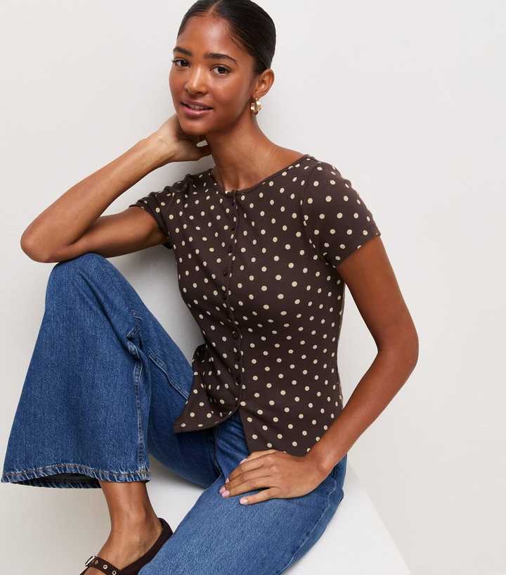 Brown Cotton Rich Spot Print Button Front Top