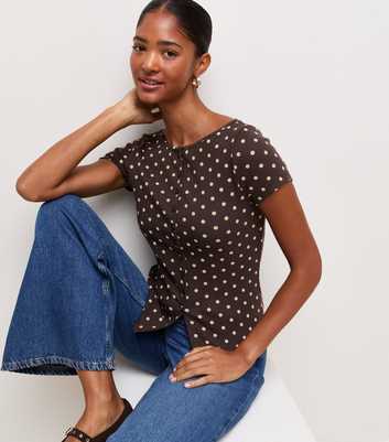 Brown Cotton Rich Spot Print Button Front Baby Tee Top