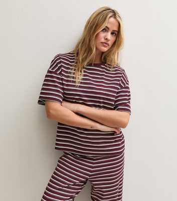 Dark Burgundy Cotton Rich Striped Boxy T-Shirt