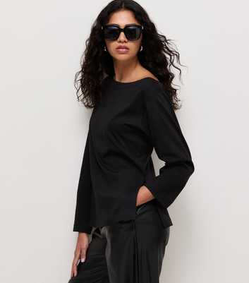 Black Cotton Long Sleeve Off The Shoulder Top