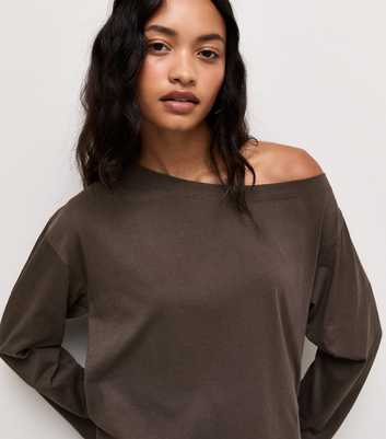 Dark Brown Cotton Long Sleeve Off The Shoulder Top