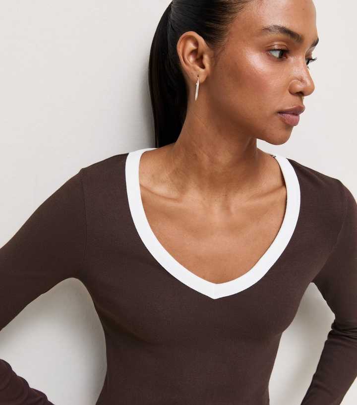 Dark Brown Cotton Rich Contrast Trim Rib V Neck Long Sleeve