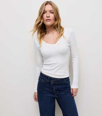 White Cotton Rich Polka Dot V Neck Long Sleeve Top