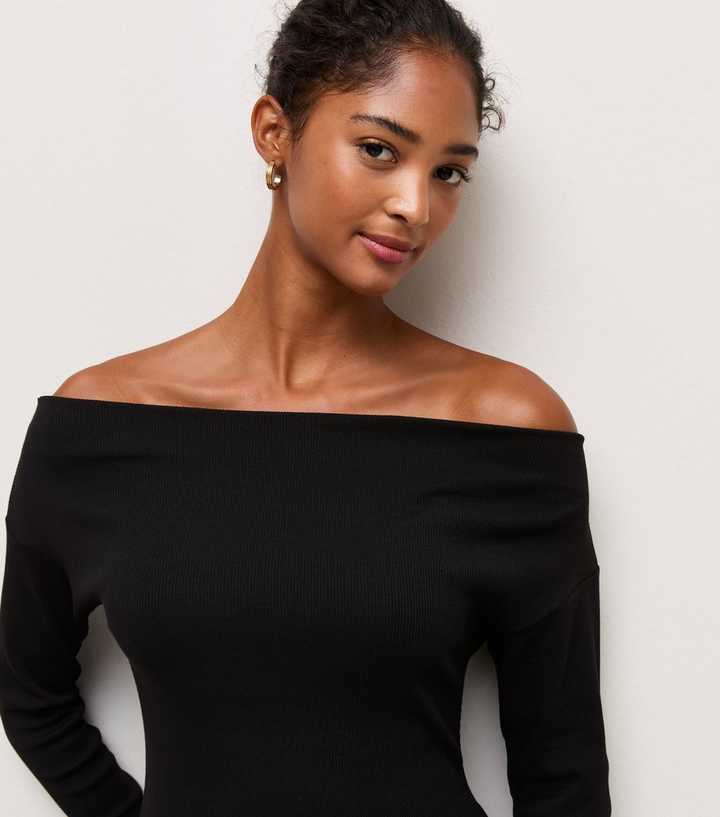 Black Cotton Rich Long Sleeve Ribbed Bardot Top