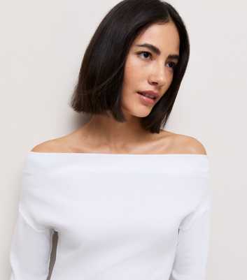 White Cotton Rich Long Sleeve Ribbed Bardot Top