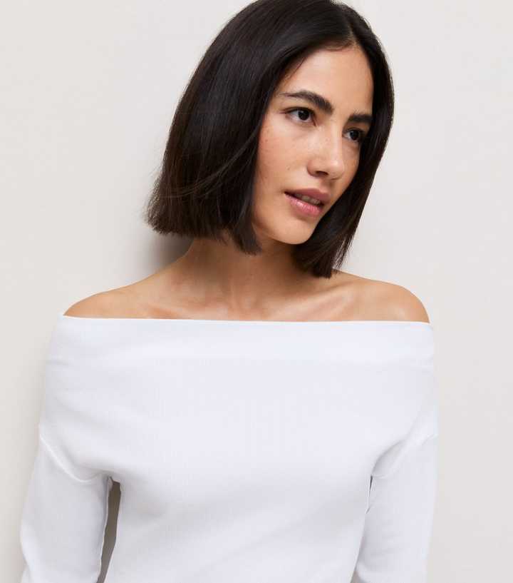White Cotton Rich Long Sleeve Ribbed Bardot Top