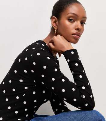 Black Cotton Rich Ribbed Polka Dot Long Sleeve Top