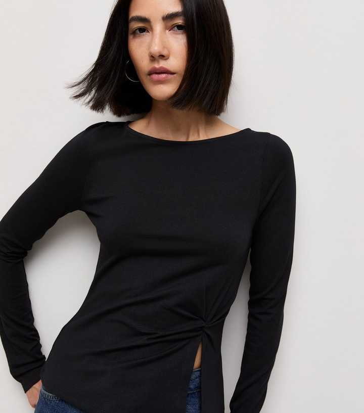 Black Cotton Rich Side Knot Long Sleeve Top