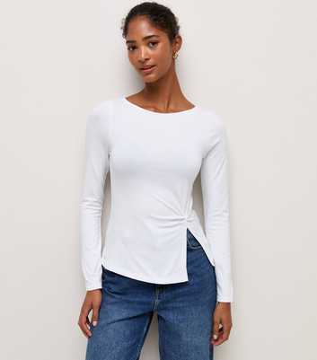 White Cotton Rich Side Knot Long Sleeve Top