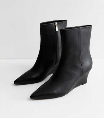 Black Faux Leather Wedge Ankle Boots