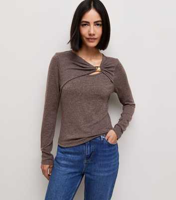 Dark Brown Jersey Long Sleeve Wrap Top