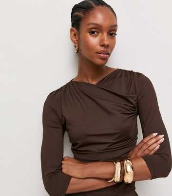 Dark Brown Jersey Cropped Sleeve Wrap Neck Top