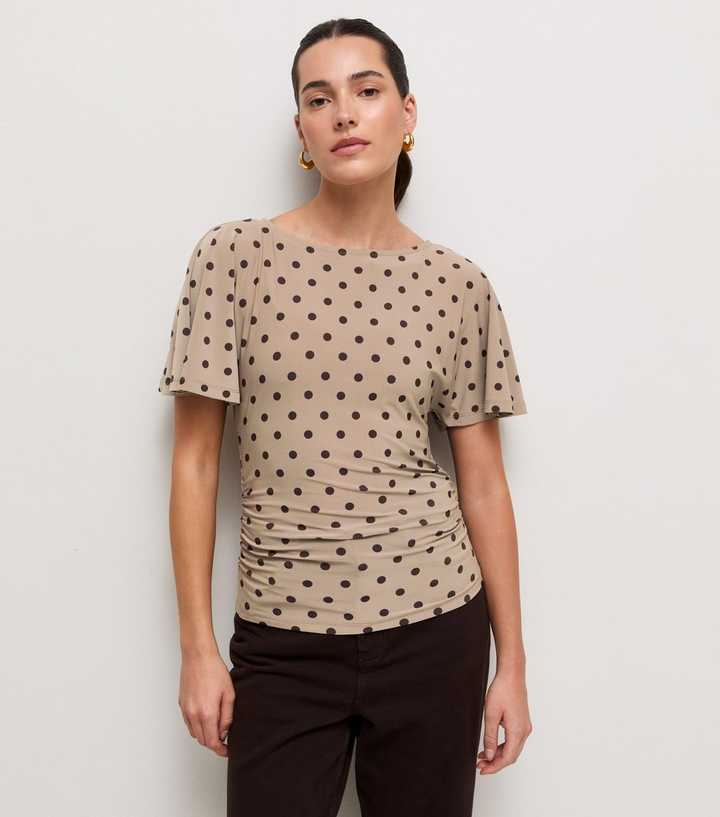 Brown Polka Dot Jersey Batwing Short Sleeve Corset T-Shirt