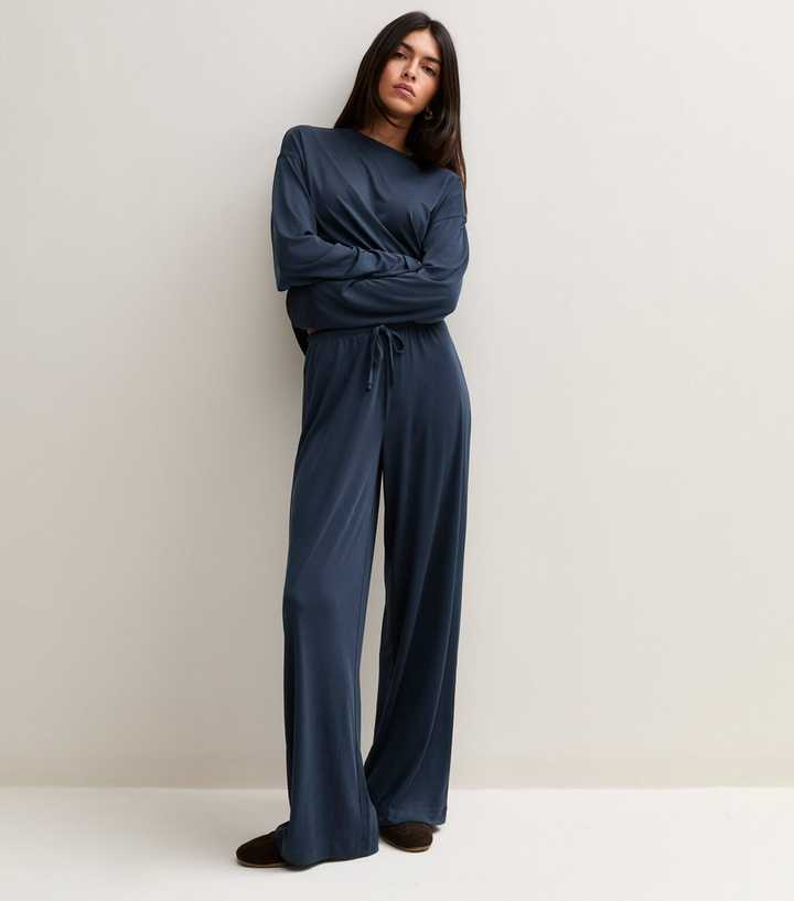 Navy Drawstring Wide Leg Leggings