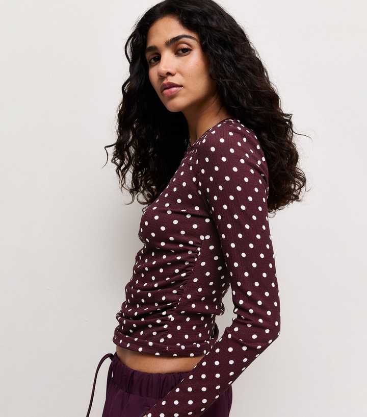 Dark Burgundy Polka Dot Crinkle Long Sleeve Top