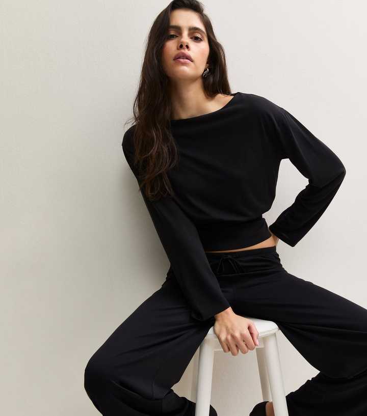 Black Cinched Waist Slash Neck Long Sleeve Top