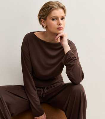 Dark Brown Cinched Waist Slash Neck Long Sleeve Top