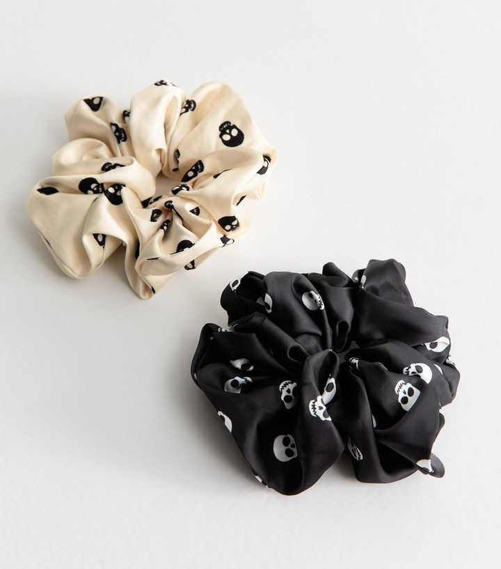 Pack of 2 Black and Cream Satin Skull Scrunchies