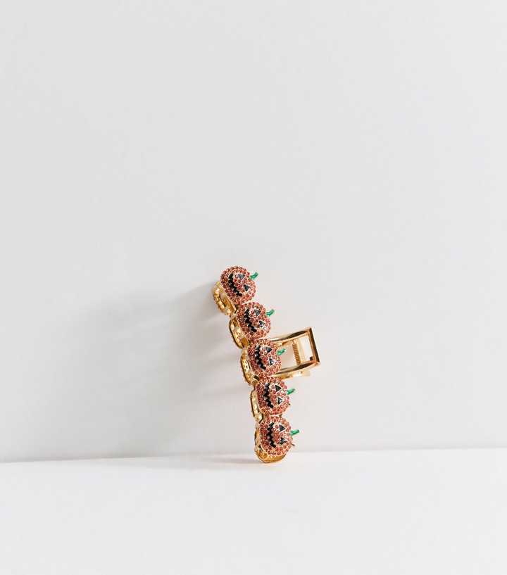 Gold Tone Orange Diamanté Pumpkin Hair Claw Clip