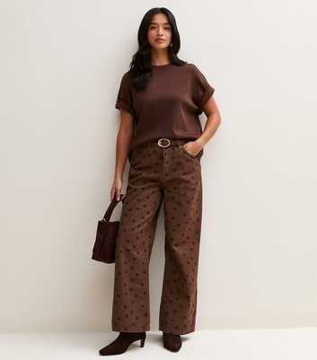 Petite Dark Brown Cotton Polka Dot Wide Leg Jeans