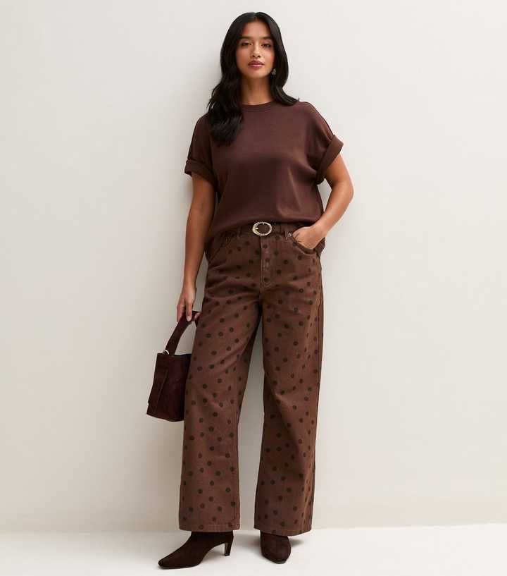 Petite Dark Brown Cotton Polka Dot Wide Leg Jeans