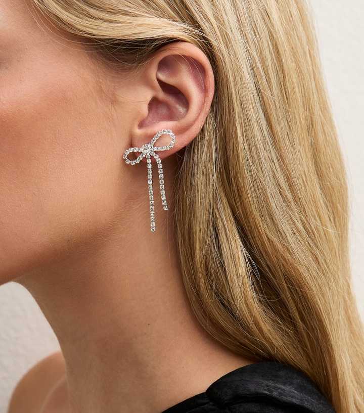 Silver-Tone Diamante Bow Drop Earrings