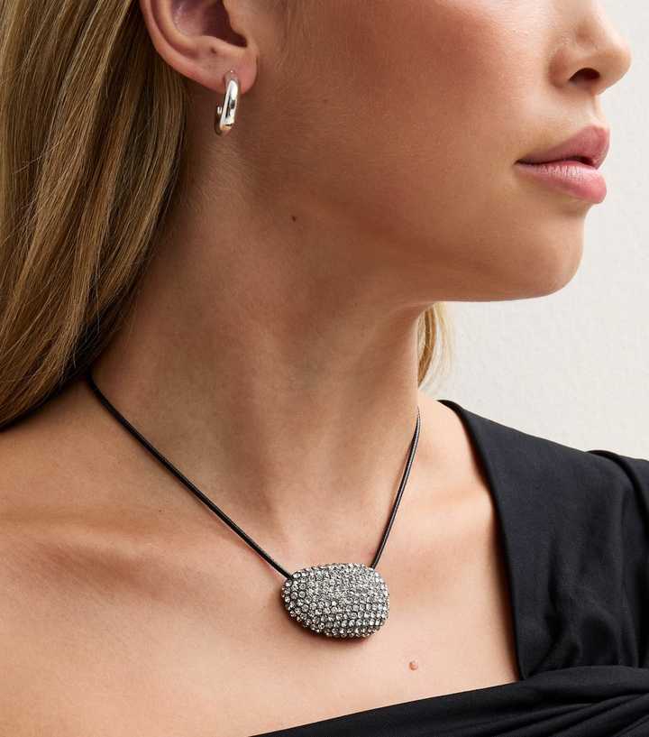 Silver Tone Diamante Dome Pendant Cord Necklace