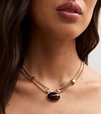 Gold Tone Brown Oval Pendant Chain Necklace