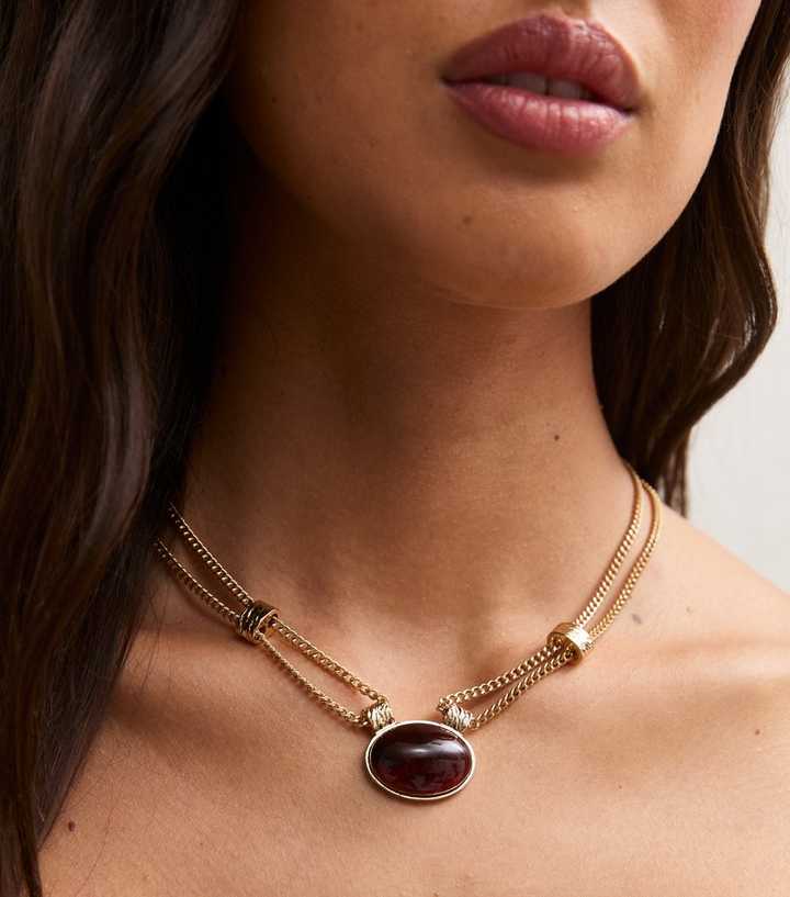 Gold Tone Brown Oval Pendant Chain Necklace