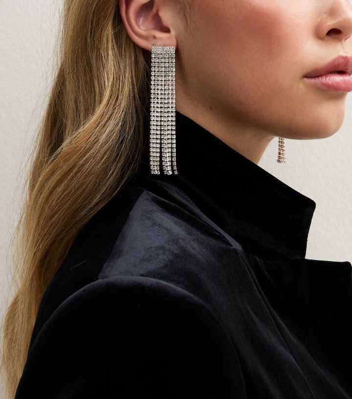 Silver Tone Diamanté Tassel Drop Earrings