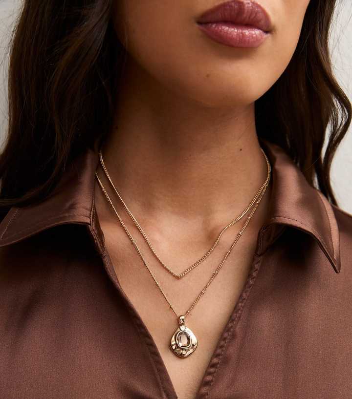 Gold Tone Brown Faux Gem Pendant Necklace