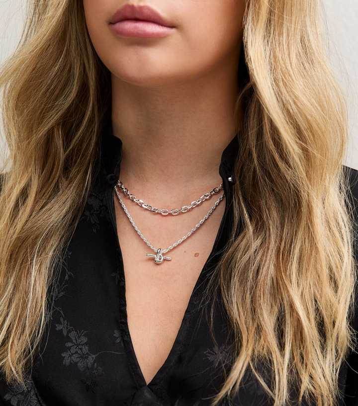 Silver Tone Two Layer Chain T Bar Pendant Necklace