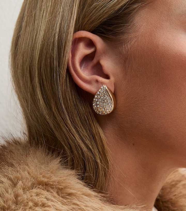 Gold Tone Diamante Teardrop Stud Earrings