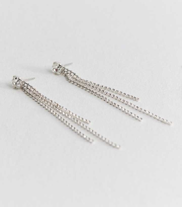 Silver Tone Diamante Tassel Drop Earrings