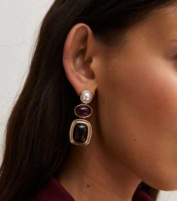 Gold Tone Burgundy Faux Stone Drop Earrings